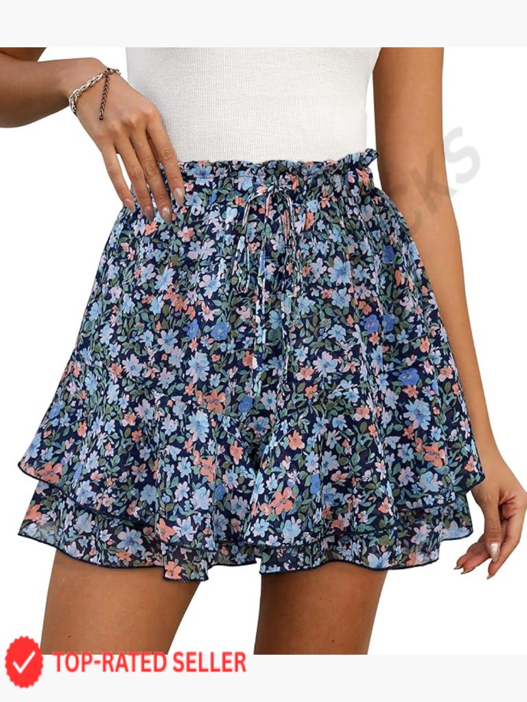 Floral Print Chiffon Skort High Rise Elastic Waist Drawstring Pleated Mini